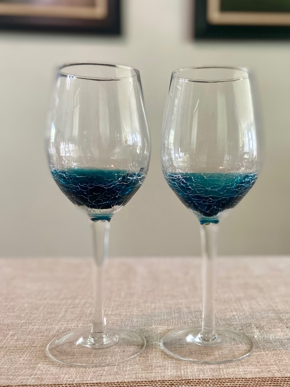 Pier 1 Teal Blue Crackle White Wine Glasses 2 Ombre Hand Blown 8 7/8” vintage